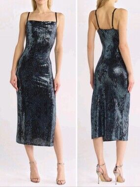 bebe sequin midi dress high side slit spaghetti straps zebra print blue black